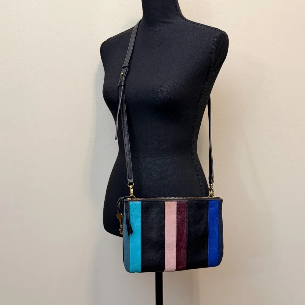 Fossil Multi Color Stripe Leather Crossbody Bag Purse Black Blue Retro Zipper
